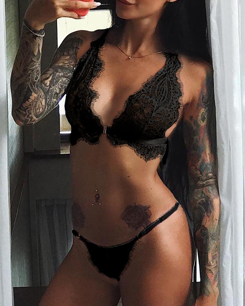 

Solid Eyelash Lace Lingerie Sets, Black