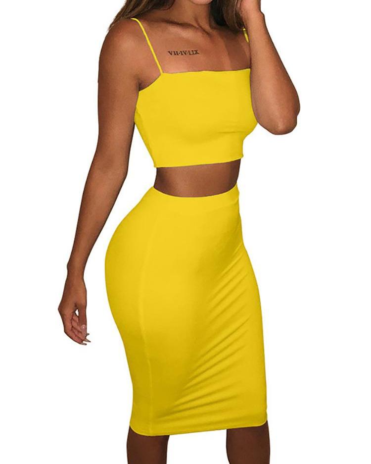 

Solid Sleeveless Crop Top & Skirt Sets, Yellow