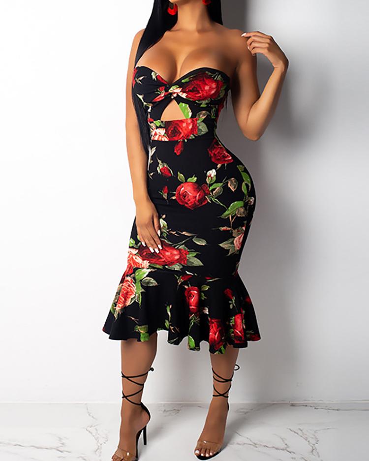 

Floral Print Strapless Cutout Fishtail Dress, Black