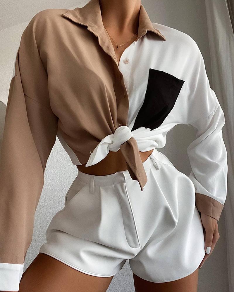 

Colorblock Long Sleeve Tie Front Shirt, Khaki