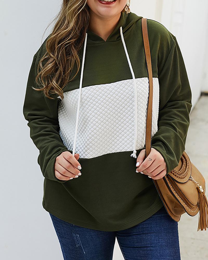 

Plus Size Colorblock Long Sleeve Hooded Top, Army green
