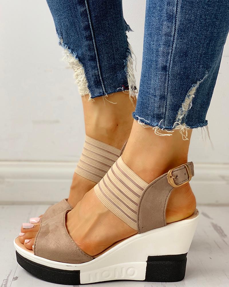 

Suede Elastic Mesh Wedge Sandals, Khaki