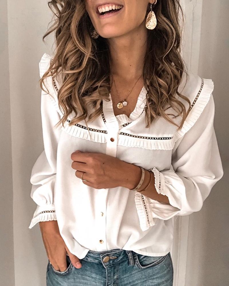 

V-neck Frill Hem Casual Blouse, White