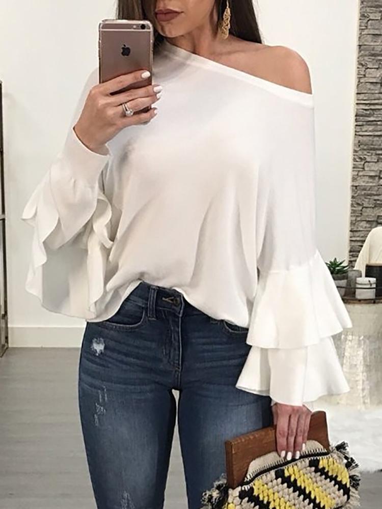 

Skew Neck Layered Ruffles Solid Blouse, White