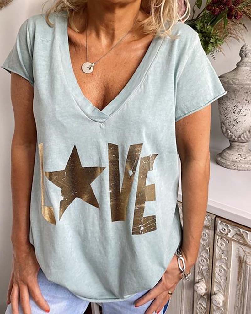 

Star Letter Print V-neck Casual T-shirt, Light green