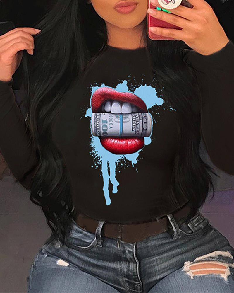 

Lip Dollar Print Colorblock Casual T-shirt, Black