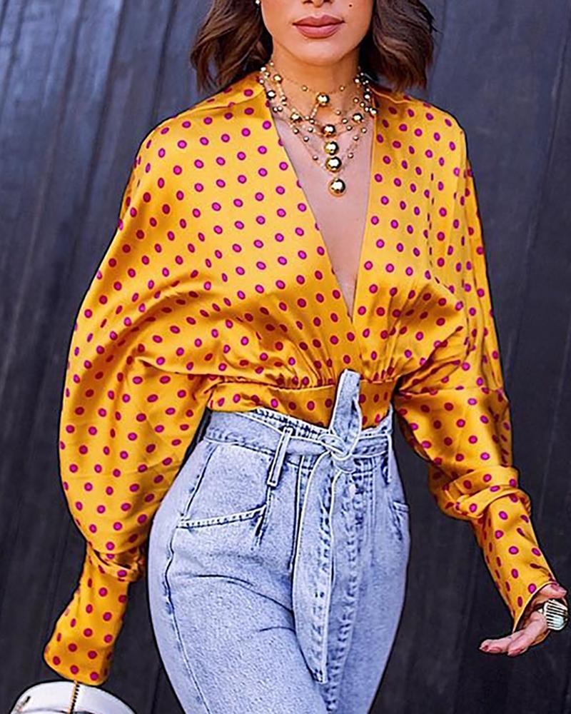 

Dot Print Plung Raglan Sleeve Bodysuit, Yellow