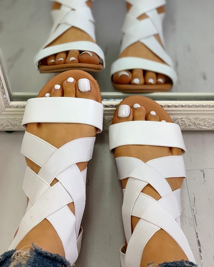 

Open Toe Crisscross Bandage Flat Sandals, White