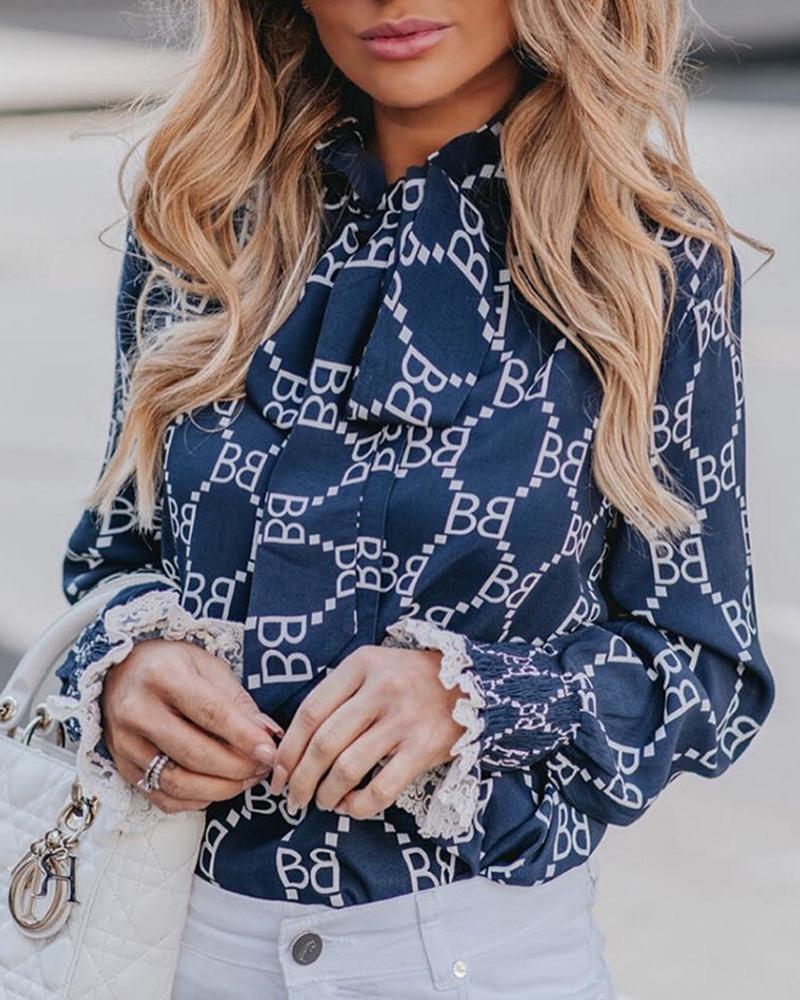 

Letter Print Tied Neck Casual Blouse, Dark blue