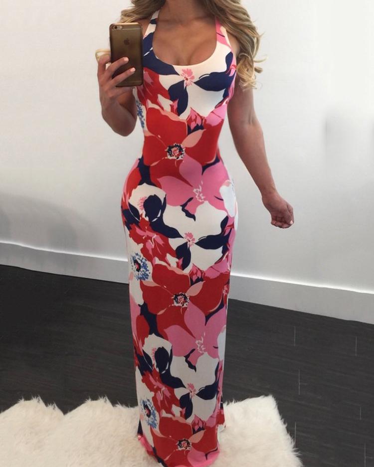 

Sexy Cross Back Floral Printed Bodycon Dress