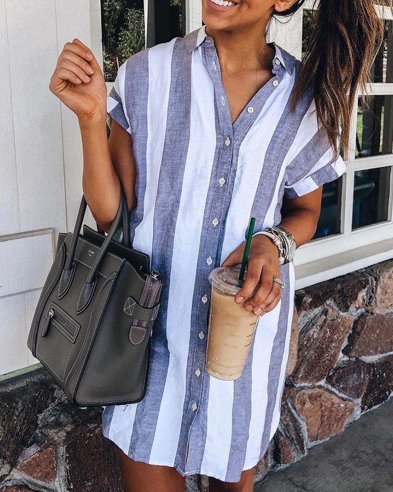 

Striped Short Sleeve Shirt Dress, Gray