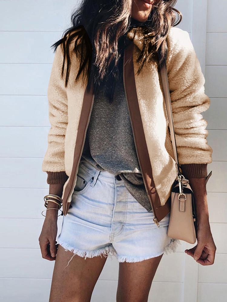 

Contrast Binding Fluffy Zipper Design Jacket