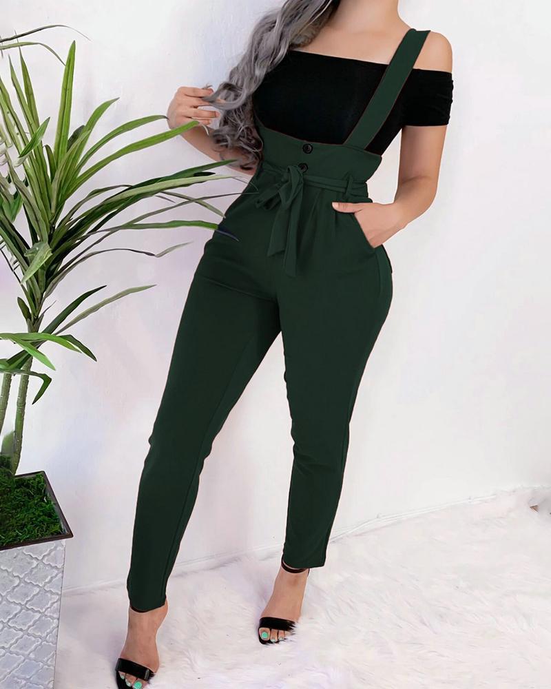 

Solid High Wasit Casual Suspender Jumpsuit, Green