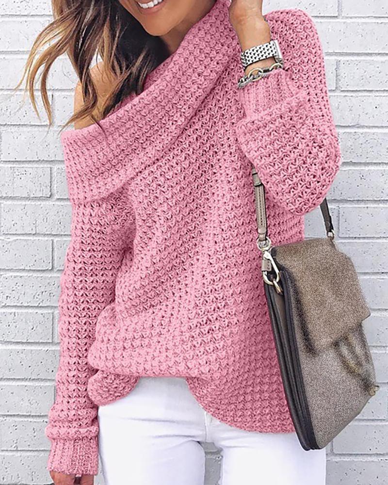

Solid High Neck Knitting Casual Sweater, Pink