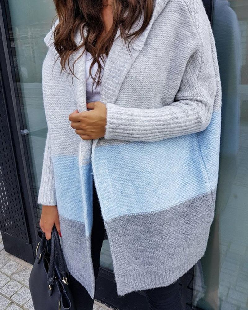 

Colorblock Long Sleeve Knit Cardigan, Blue