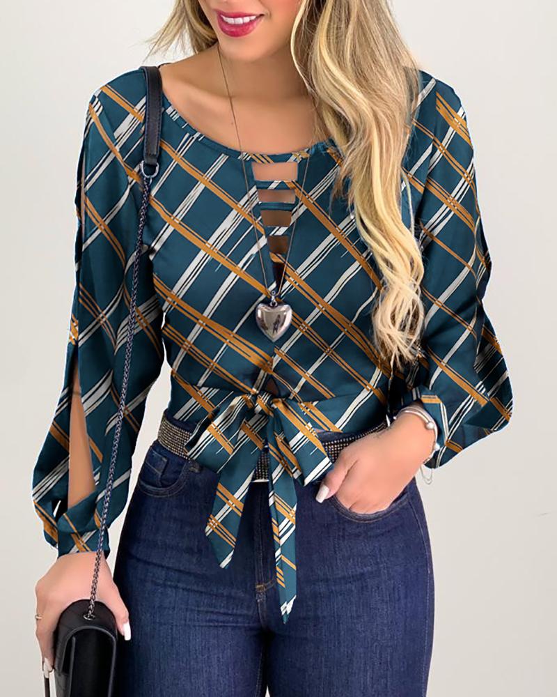 

Grid Print Tie Front Slit Sleeve Blouse, Blue