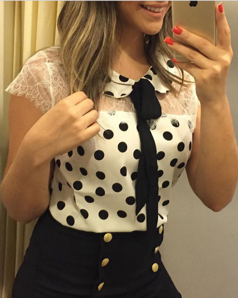 

Lace Insert Dot Print Casual Blouse