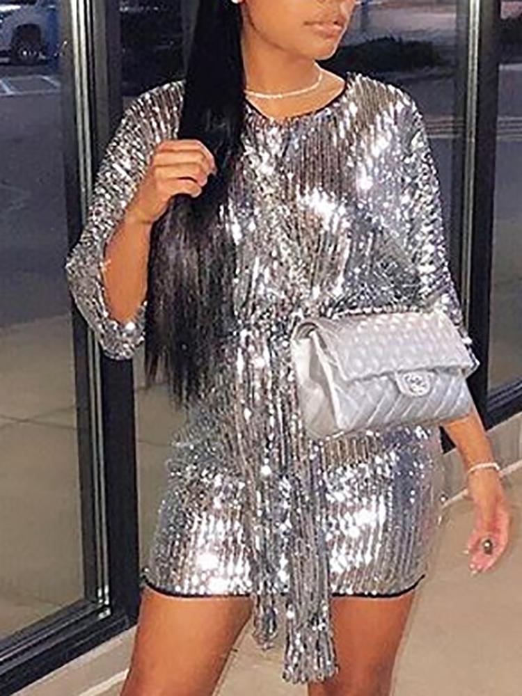 

Shiny Sequins Lantern Sleeve Party Dress, Silver