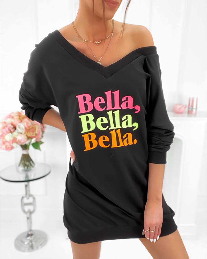 

Letter Print Long Sleeve Casual Sweatshirt Dress, Black
