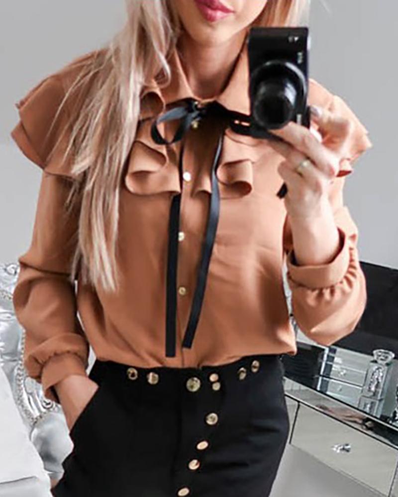 

Tied Neck Bowknot Ruffles Buttoned Long Sleeve Shirt, Brown