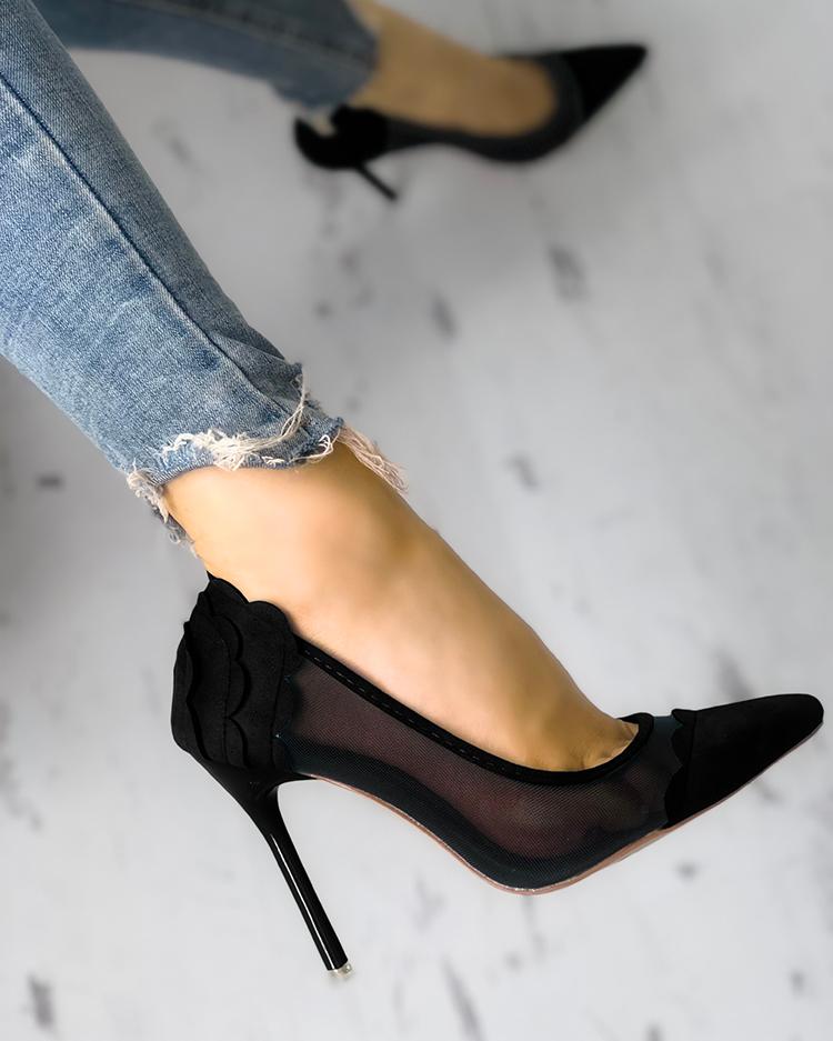 

Mesh Splicing Scallop Trim Thin Heeled Sandals, Black