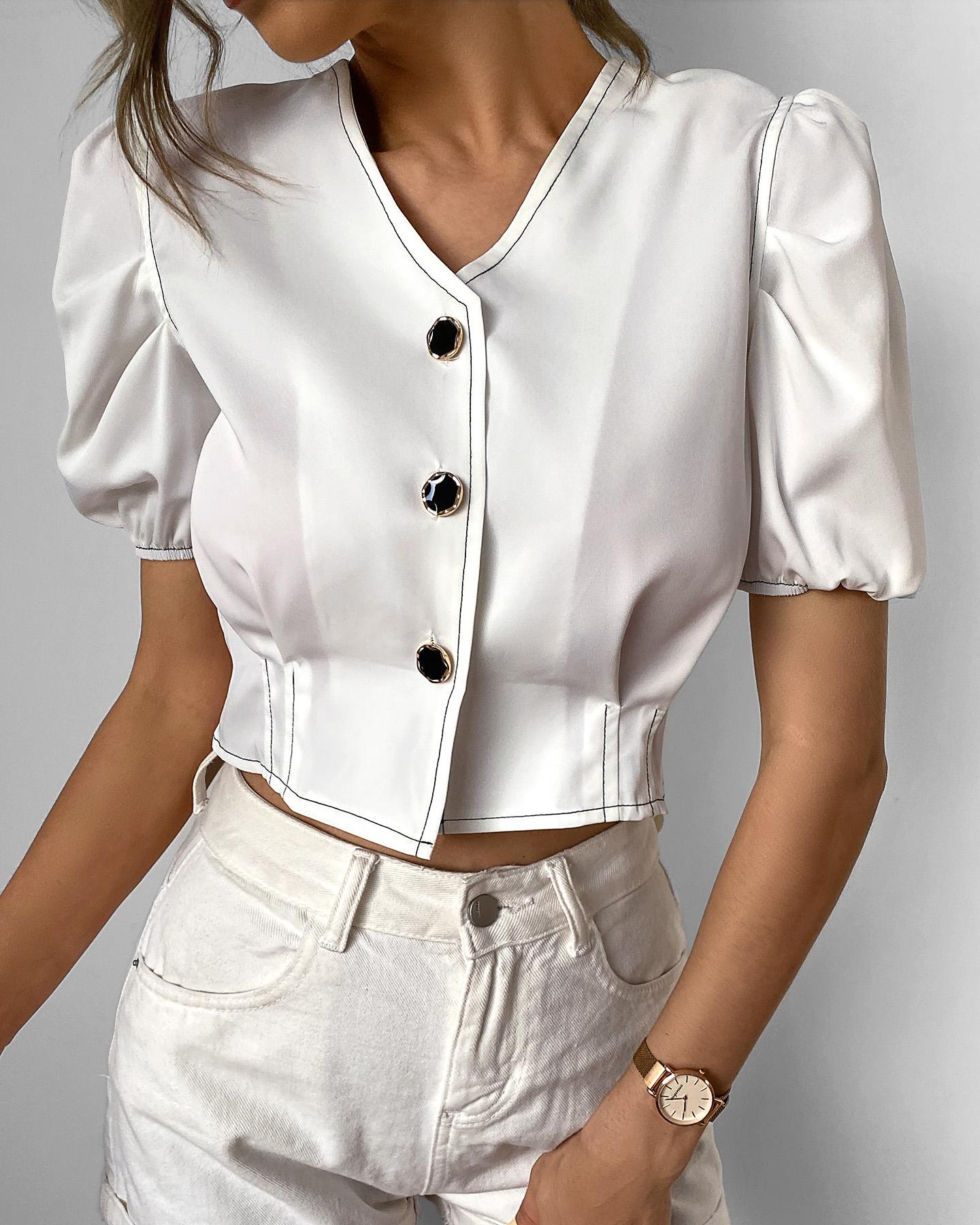 

Button Design Ruched Crop Top, White
