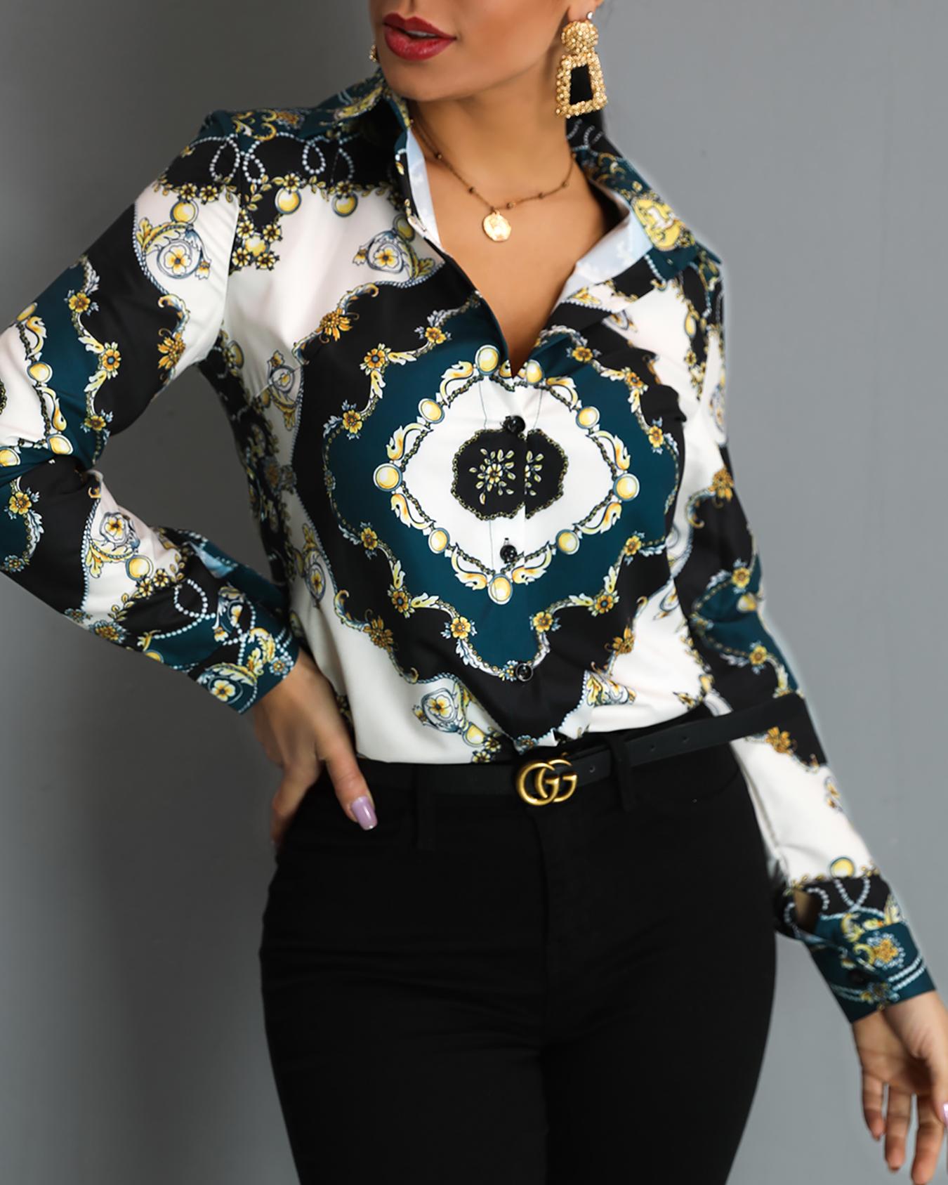 

Long Sleeve Scarf Print Casual Shirt, Black