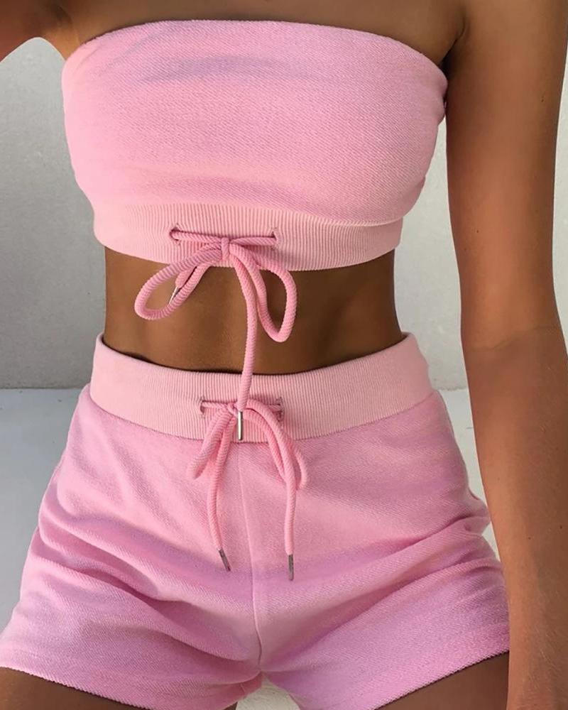 

Tie Front Tube Top & Shorts, Pink