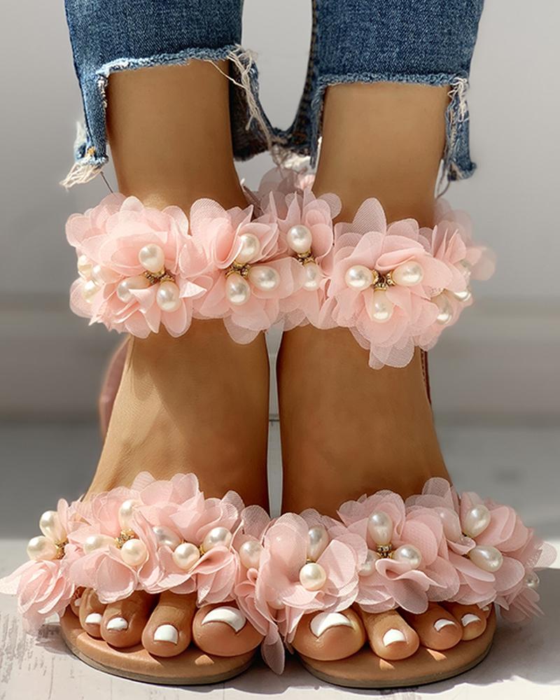

Pearl Beaded Patchwork Floral Flat Sandals, Pink