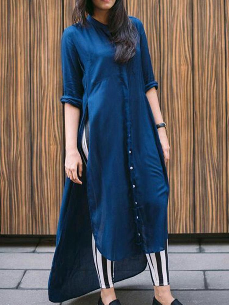 

Single Breasted Side Slit Dip Hem Blouse