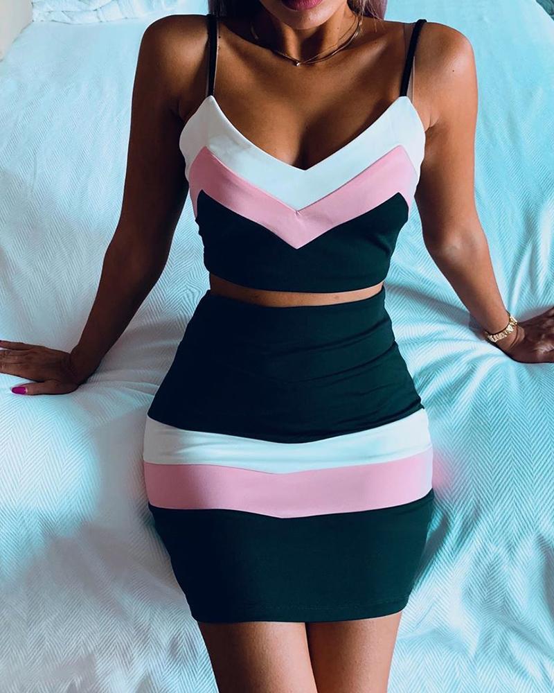 

Colorblock Striped Cami Top & Skirt Set, Pink