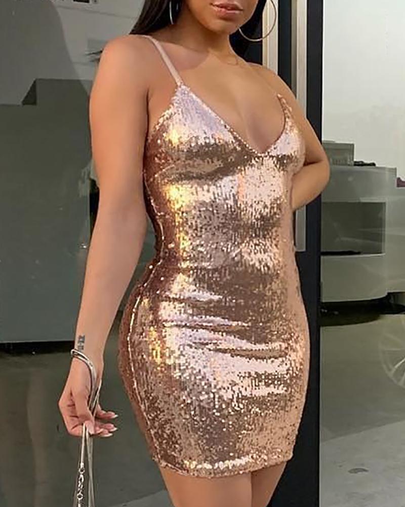 

Spaghetti Strap Sequins Dress, Rose gold