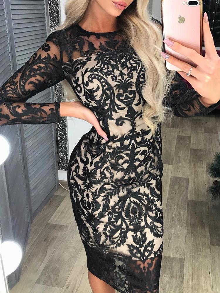 

Embroidery Mesh Bodycon Dress, Black
