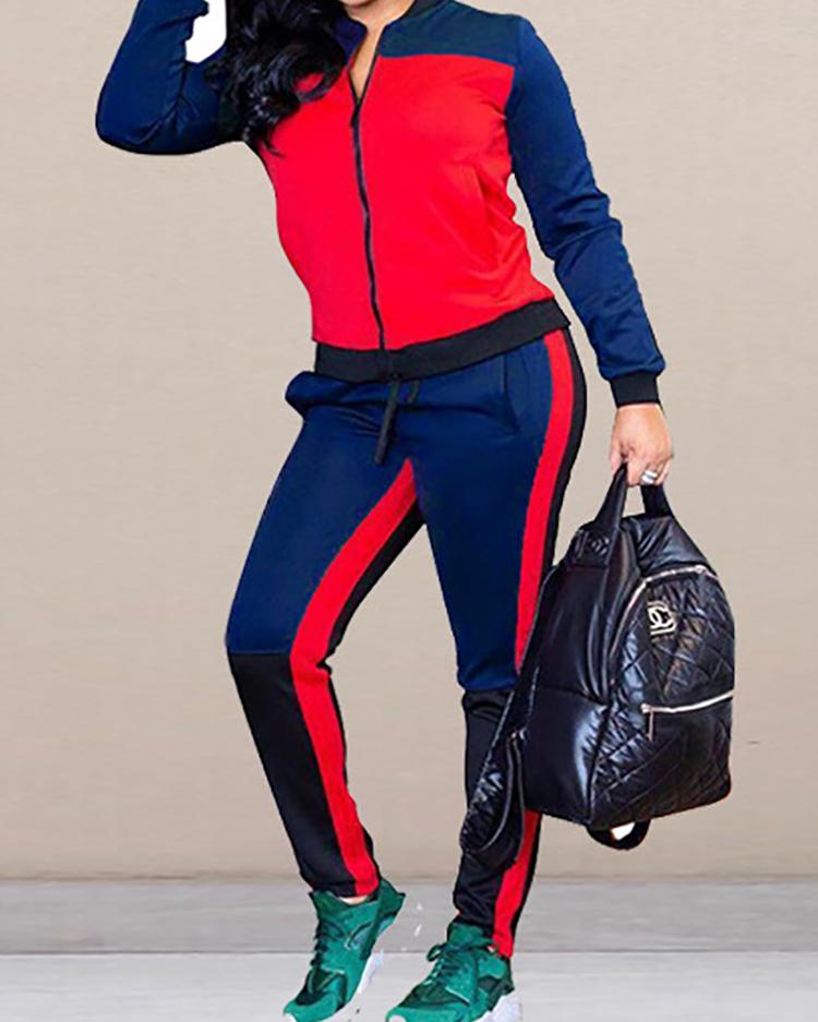 

Colorblock SplicingZipper Design Coat & Striped Tape Pant Sets