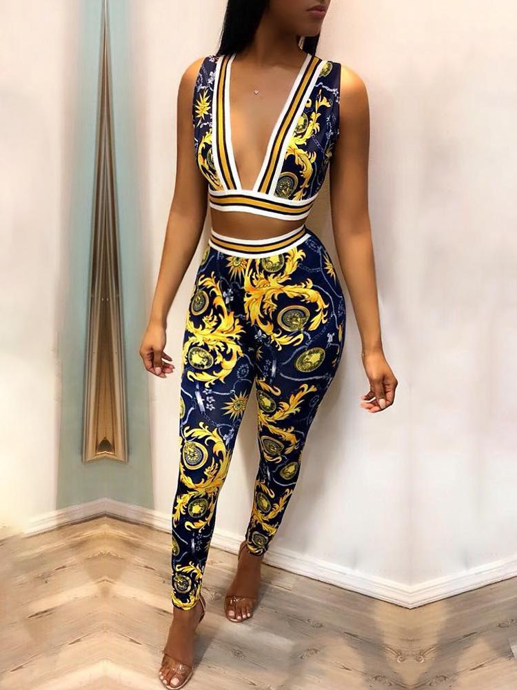 

Vintage Print Plunge Crop Top & Slinky Pant Sets