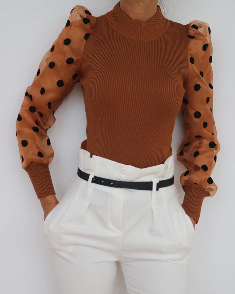 

Mock Neck Polka Dot Puff Sleeve Mesh Insert Blouse, Brown