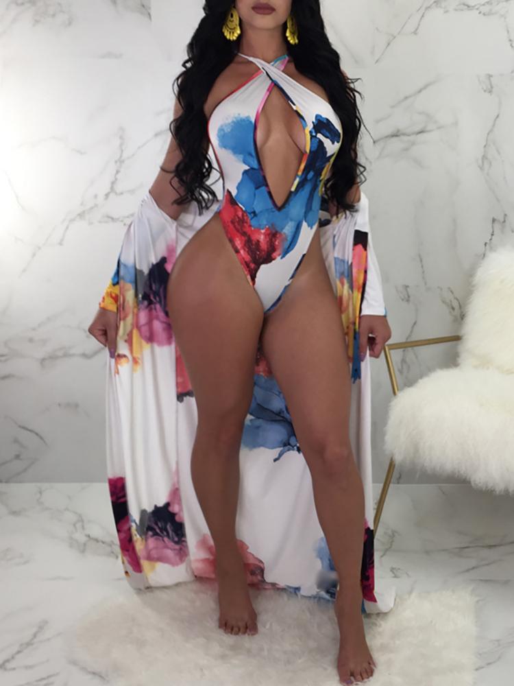 

2PCs Print Crisscross One-piece Swimsuit With Cover Ups, White