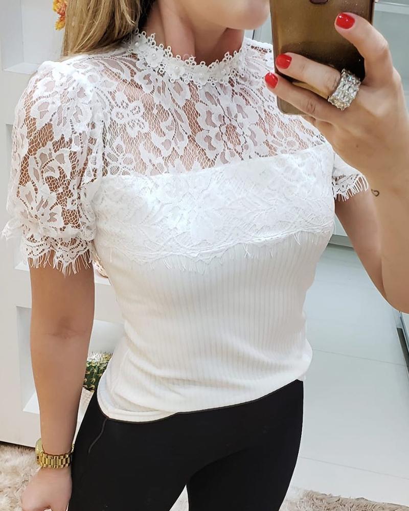 

Solid Lace Insert Rib Top, White