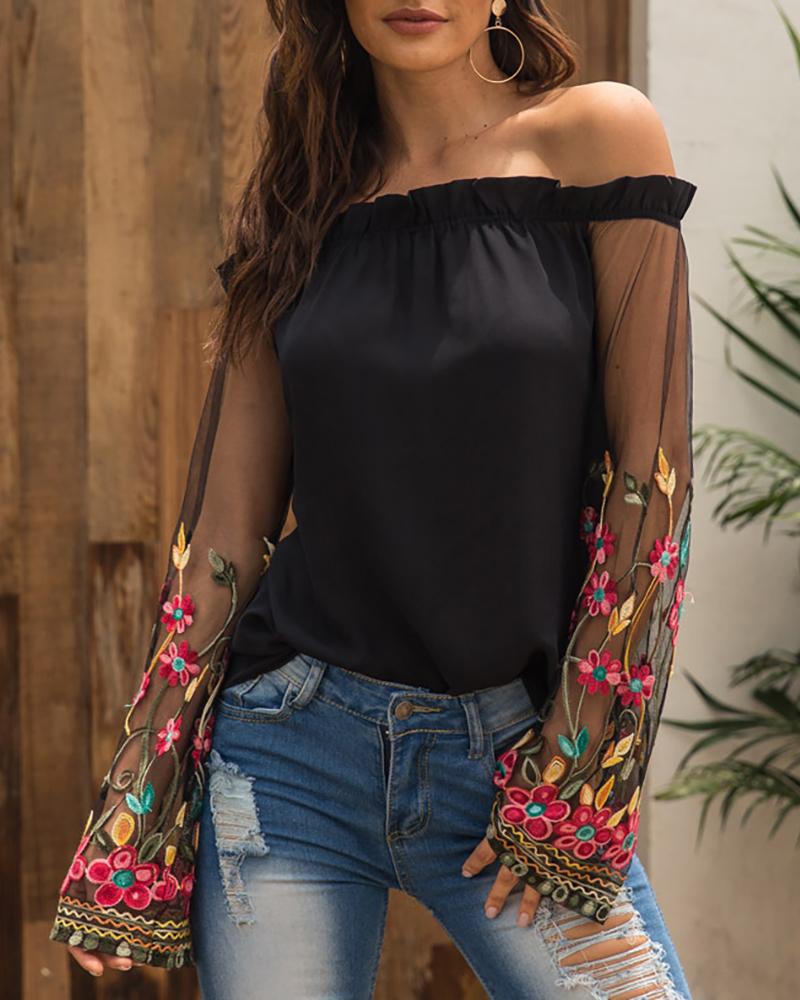 

Off Shoulder Embroidered Mesh Splicing Blouse, Black