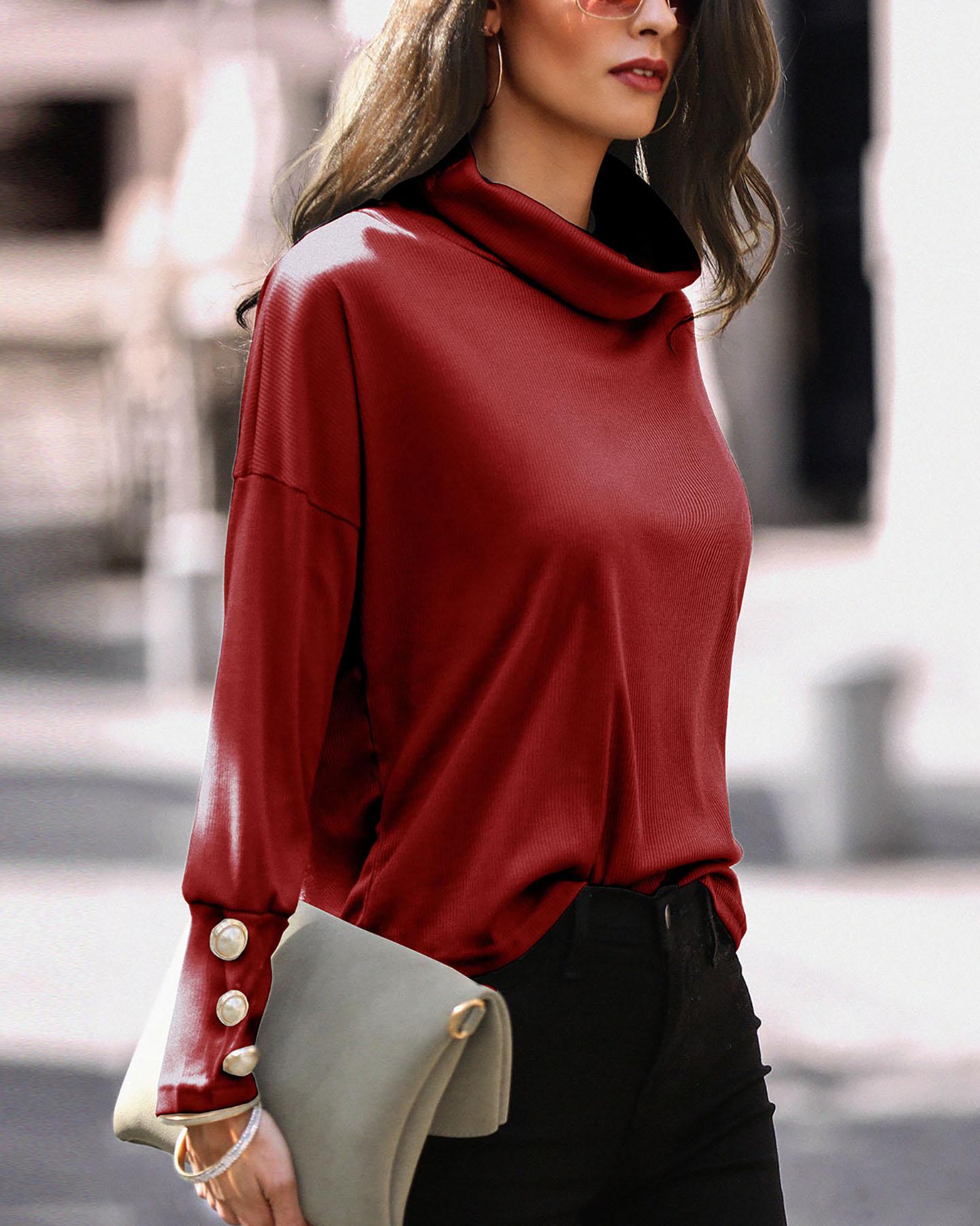 

Heap Neck Popper Cuff Solid Sweater