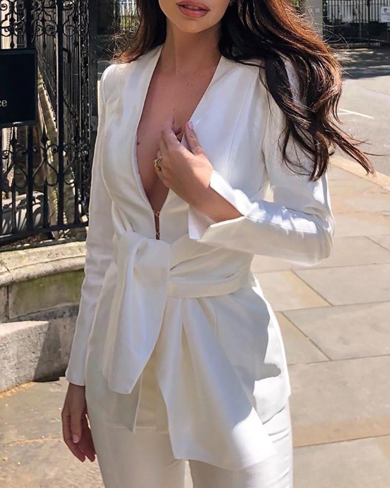

Solid Plunge Long Sleeve Blouse, White