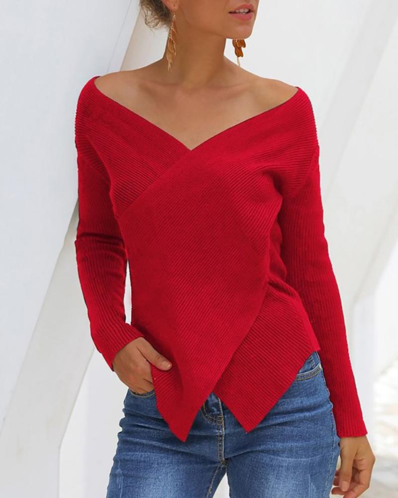 

Solid Ribbed Long Sleeve Casual Sweater, Red