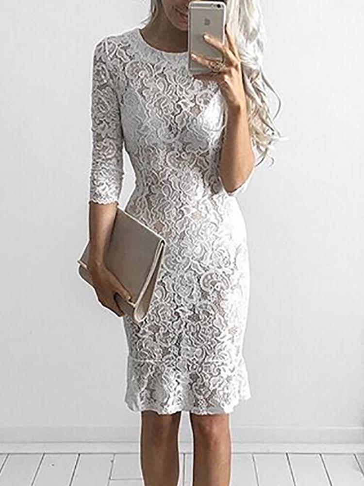 

Three Quarters Sleeve Ruffle Hem Lace Dress, White