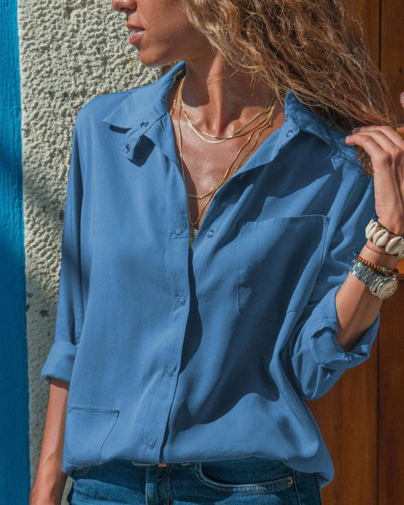 

Solid Long Sleeve Pocket Casual Shirt, Dark blue