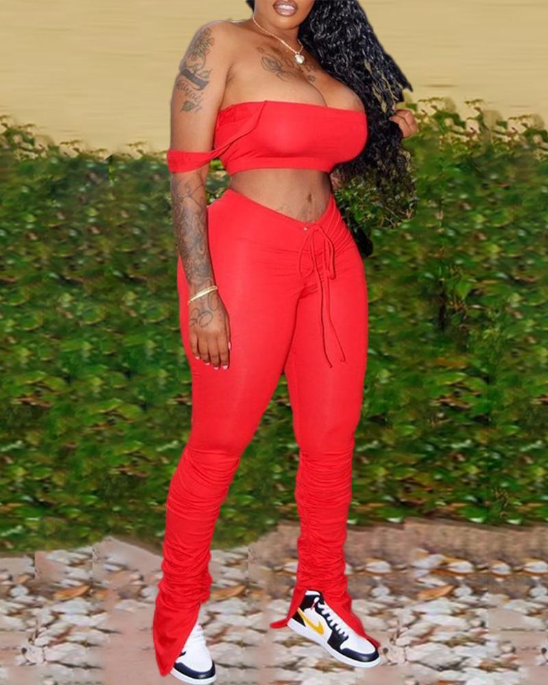 

Solid Thick Strap Casual Top & Drawstring Pants, Red