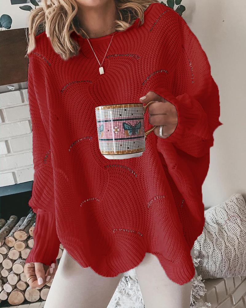 

Hollow Out Long Sleeve Plain Sweater, Red