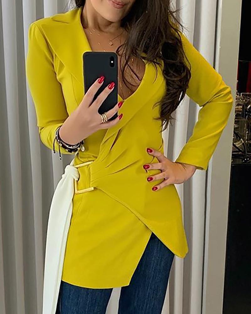 

Notched Collar Pocket Surplice Wrap Ruched Coat, Yellow