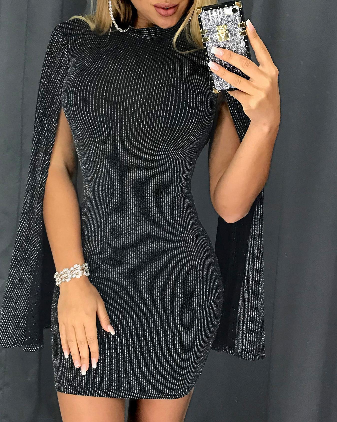 

Glitter Open Back Billowing Split Sleeves Cape Dress, Black