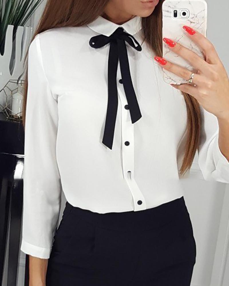 

Tied Neck Bowknot Buttoned Long Sleeve Shirt