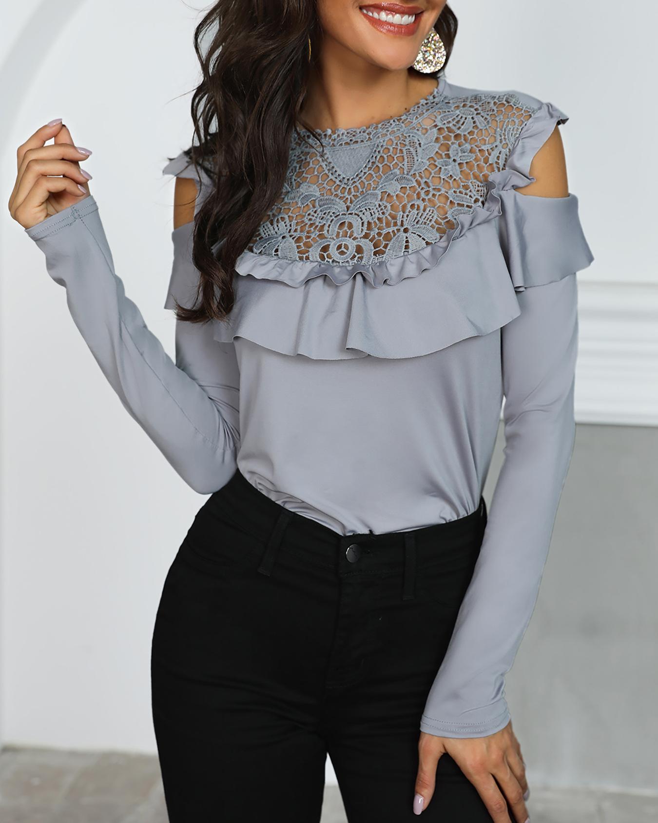 

Crochet Lace Frills Open Shoulder Blouse, Gray